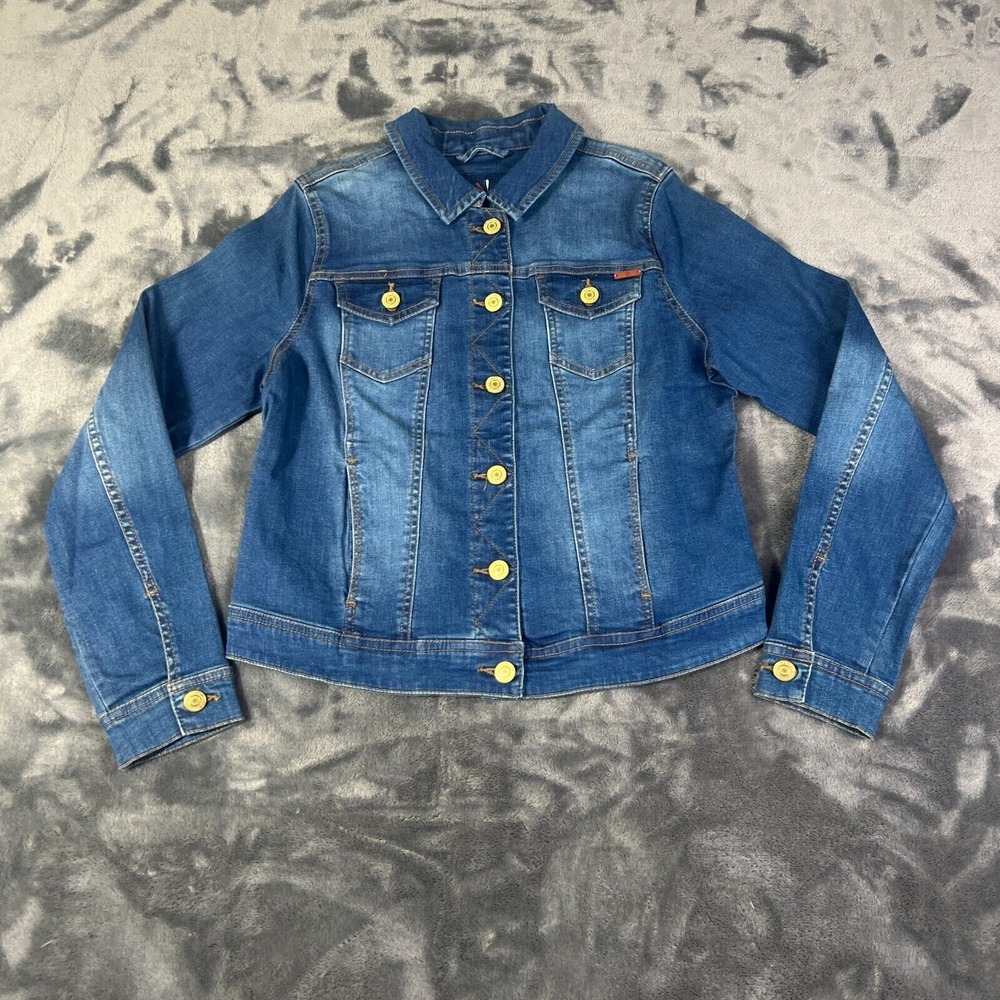 Isaac Mizrahi Live! Women's Jacket Sz 2 Indigo Denim w Gold Buttons Blue Stretch